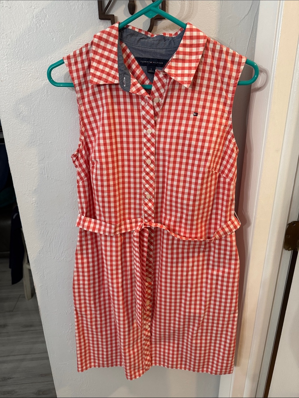 Tommy Hilfiger Red and White Gingham Sleeveless Shirt Dress with Tie Waist